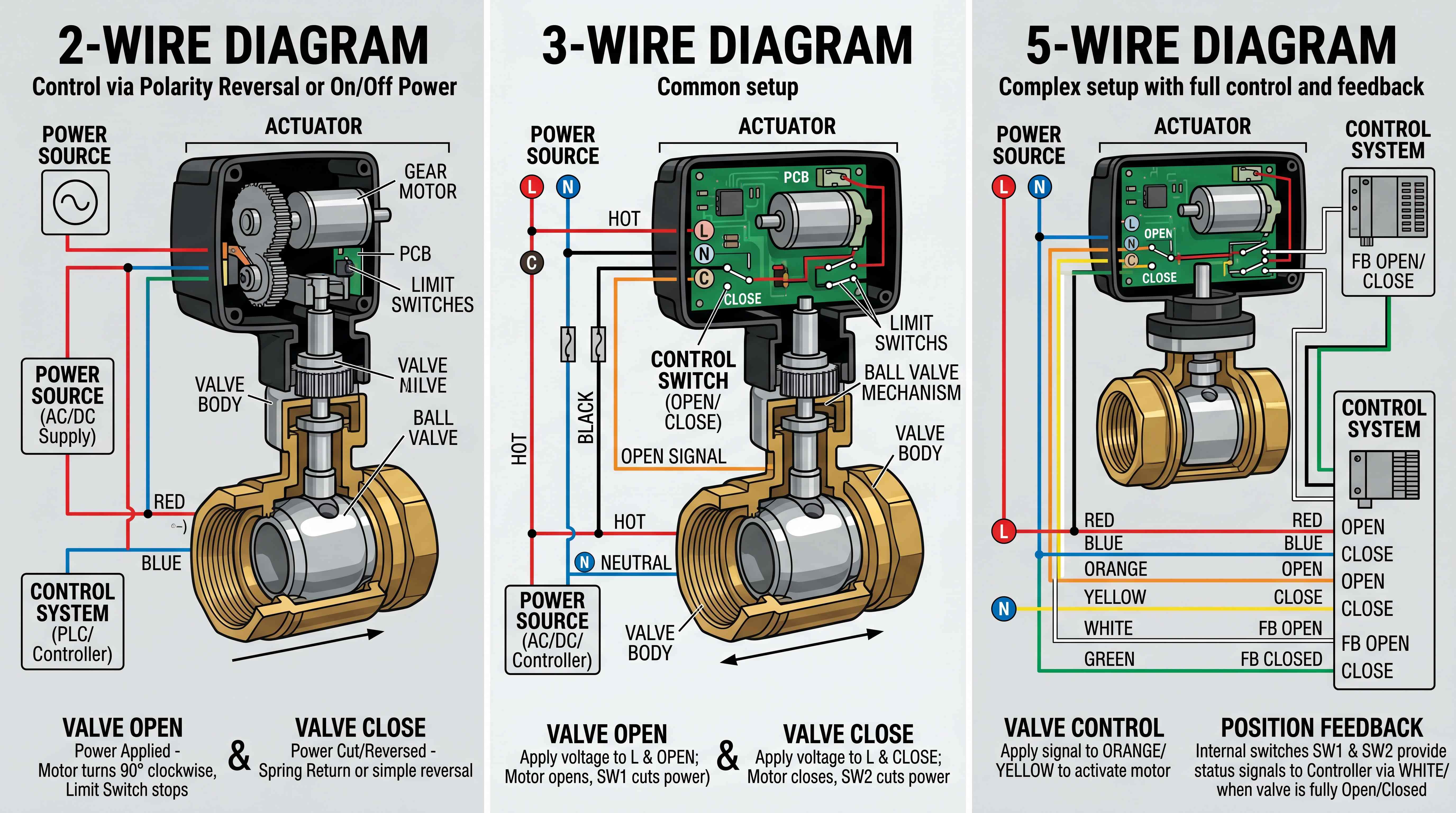 Motorized Ball Valve Wiring Guide: 2-Wire, 3-Wire, 5-Wire and Auto-Return Types